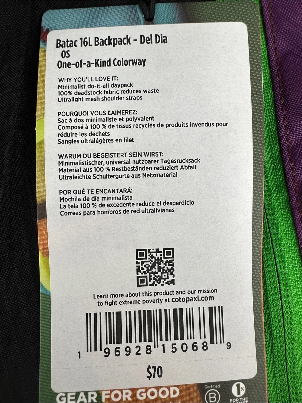 Cotopaxi Batac Del Día 16L Backpack One-of-a-Kind Multicolor Lightweight Daypack